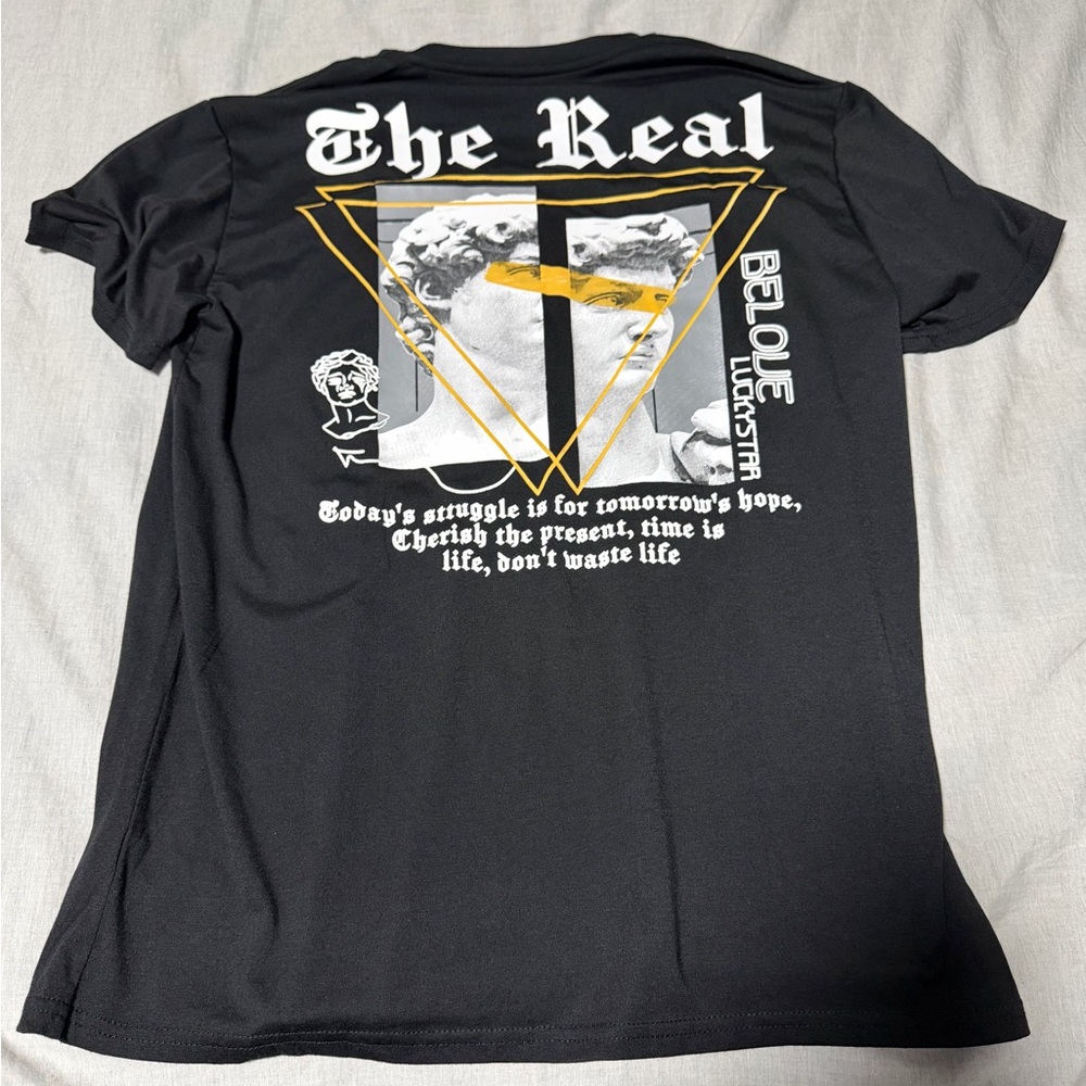 Black Graphic T-Shirt with Yellow and White Design